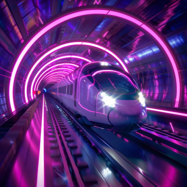 a train going through a tunnel with a purple light on the left