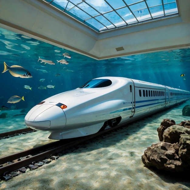 a train is in an aquarium with fish swimming in it