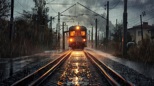 a train is coming down the tracks in the rain