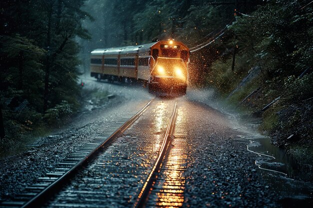 a train is coming down the tracks in the rain