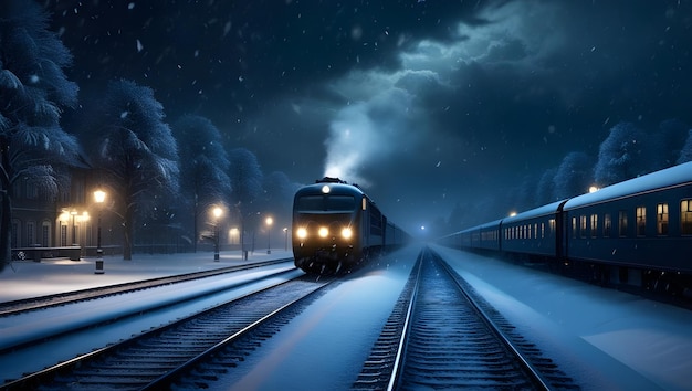 a train is coming down the tracks in the snow