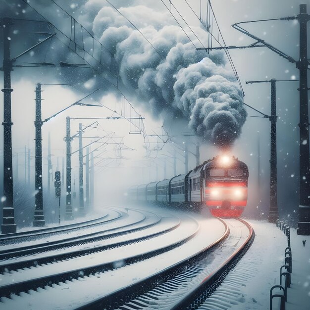 a train is coming down the tracks in the snow