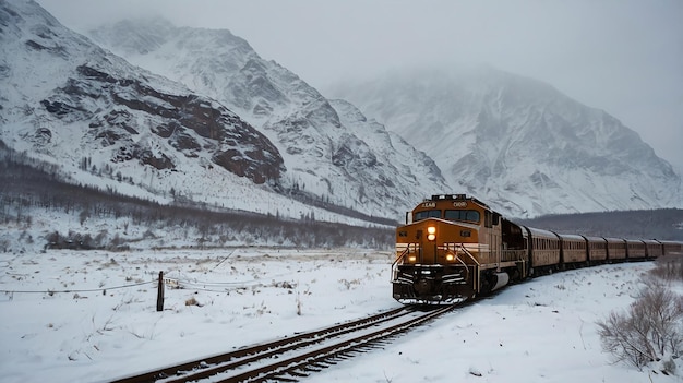 Photo a train is coming down the tracks in the snow