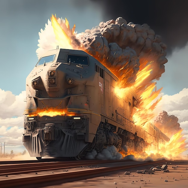 A train is on fire with the number 21 on it.