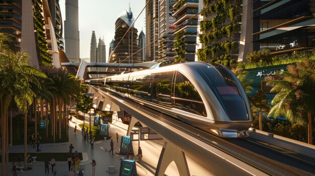 Photo a train is going over a bridge and the city is passing by