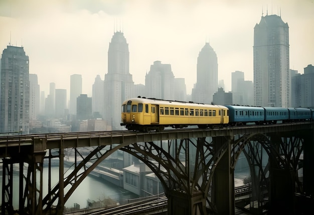 a train is going over a bridge with a city in the background