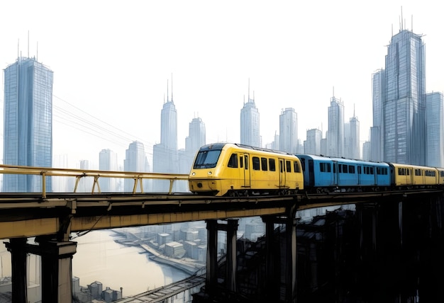 a train is going over a bridge with a city in the background