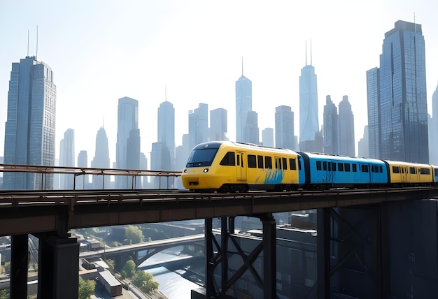 a train is going over a bridge with a city in the background