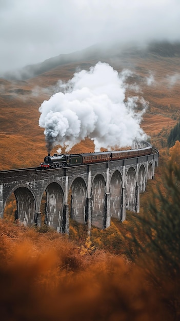 Photo a train is going over a bridge with smoke coming out of it