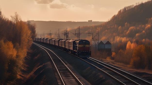 A train is going down the tracks in the autumn.