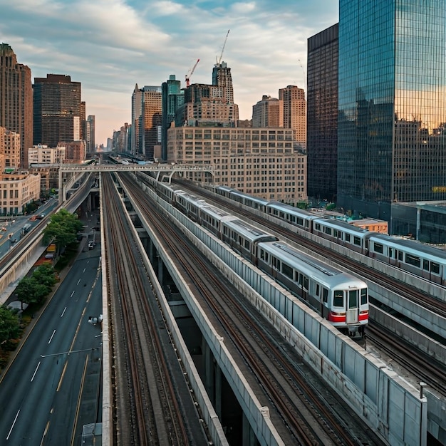 Photo a train is going down the tracks in a city