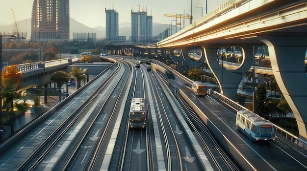 Photo a train is going down the tracks in a city