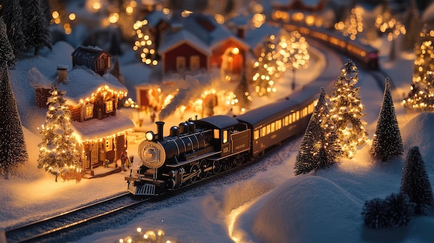 a train is going down the tracks in front of a christmas tree