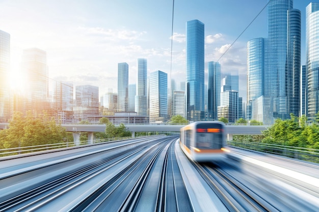 a train is going down the tracks in front of a city skyline