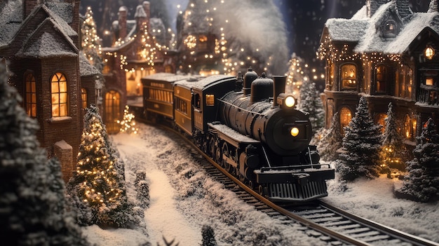 a train is going down the tracks in front of a snow covered tree