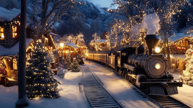 a train is going down the tracks in front of a snowy mountain