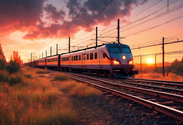 a train is going down the tracks in front of a sunset