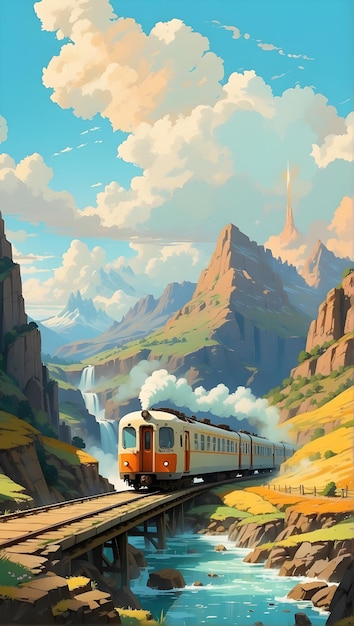 Photo a train is going down the tracks in a mountain scene