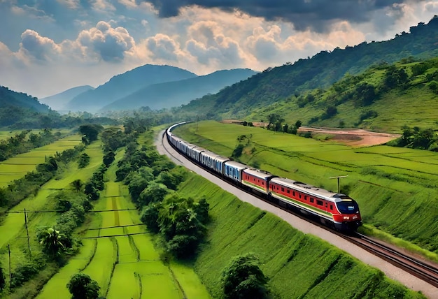 a train is going down the tracks in the mountains