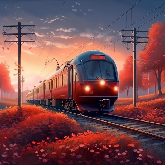 a train is going down the tracks in the sunset.