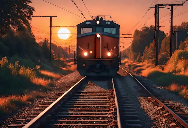 a train is going down the tracks in the sunset