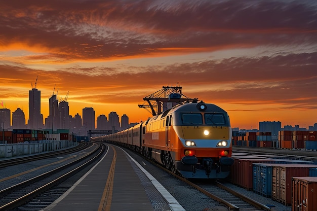 Photo a train is going down the tracks with the city in the background