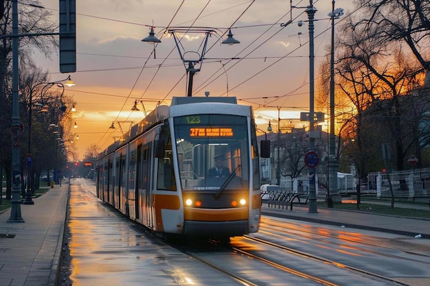 a train is going down the tracks with the number 1 on the front the tram rides on the rails