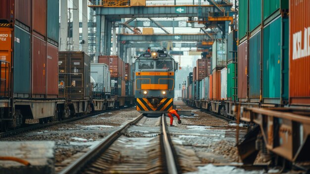 Photo a train is going down the tracks with a person on the front