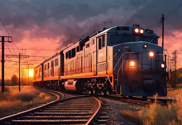 a train is going down the tracks with the sun setting behind it