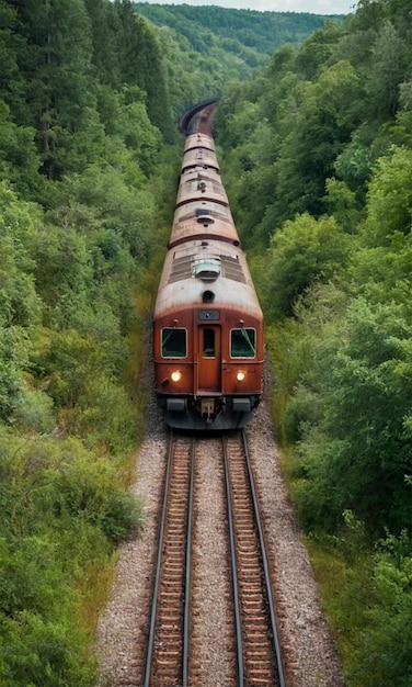 a train is going down the tracks in the woods