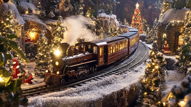 a train is going through a forest with a christmas tree in the background