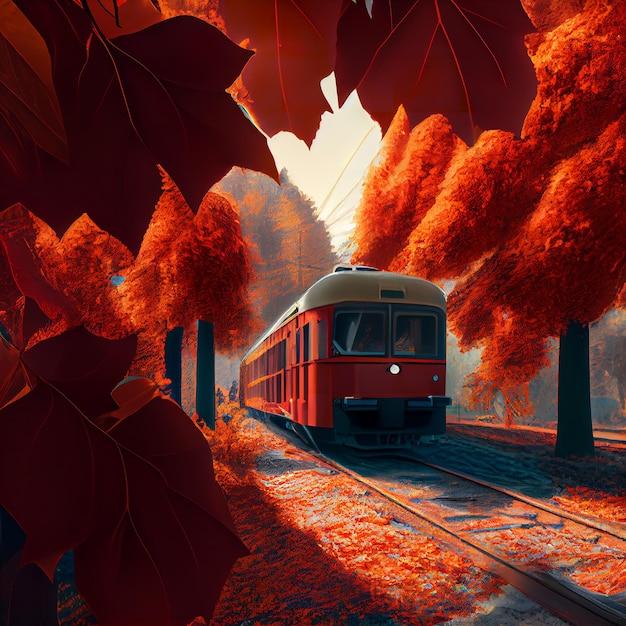 A train is going through a forest with red leaves on the ground