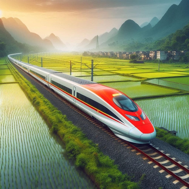 a train is going through rice fields and the train is going to the right