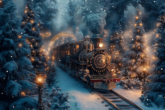 a train is going through a snowy forest with lights on the top