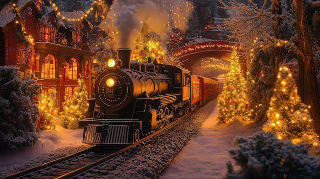 a train is going through a snowy town with a christmas tree in the background