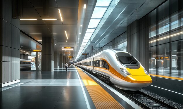 a train is going through a station with a yellow train on the side