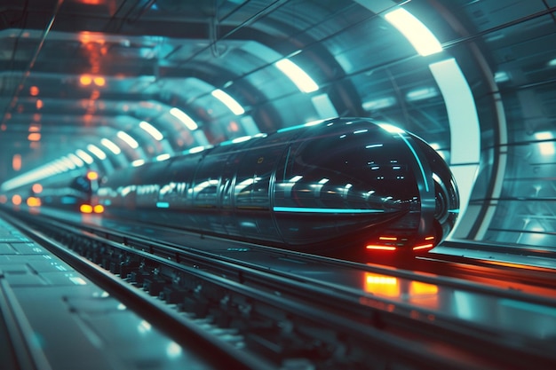 a train is going through a tunnel that has a blue light