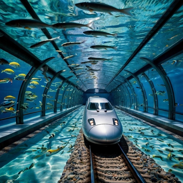 a train is going through a tunnel with fish swimming under it