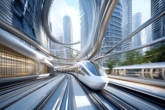 Photo a train is going through a tunnel with a large silver object in the middle