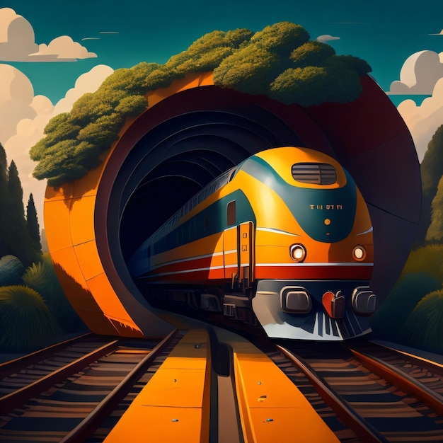 A train is going through a tunnel with the word su on the front.