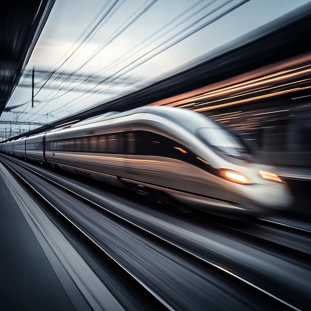 a train is moving along the tracks and it is blurry