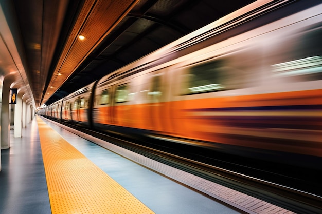 A train is passing by a subway station.