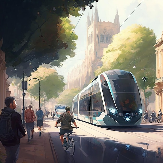 The train is passing through the city with people walking ai generated