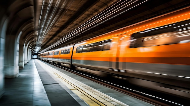 A train is passing through a station and the word metro is on the side