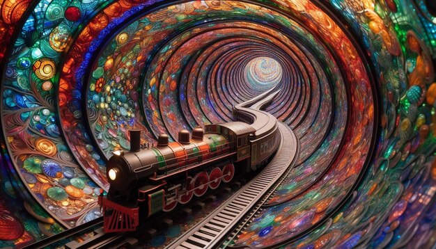 Photo a train is on a track with a colorful ceiling and a train on the top