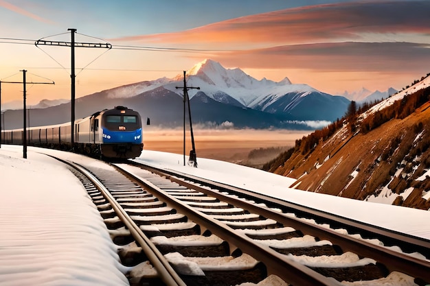 A train is on the tracks in front of a snowy mountain.