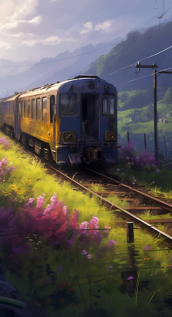 A train is on the tracks in a painting by the artist.