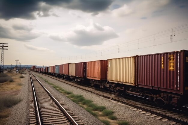 A train is on the tracks with a cloudy sky in the background.