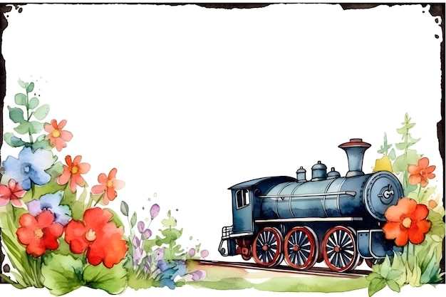 A train is on the tracks with flowers in the background