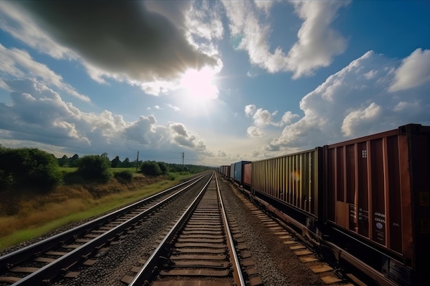 A train is on the tracks with the sky in the background.